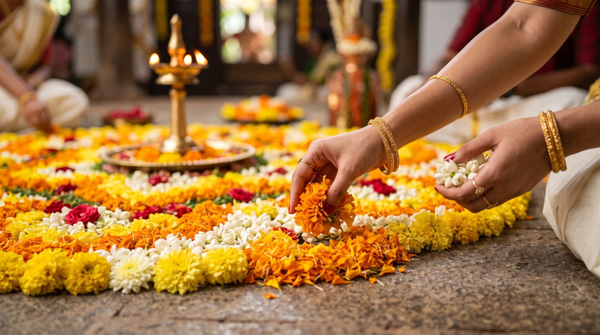 Pookalam flower arrangement